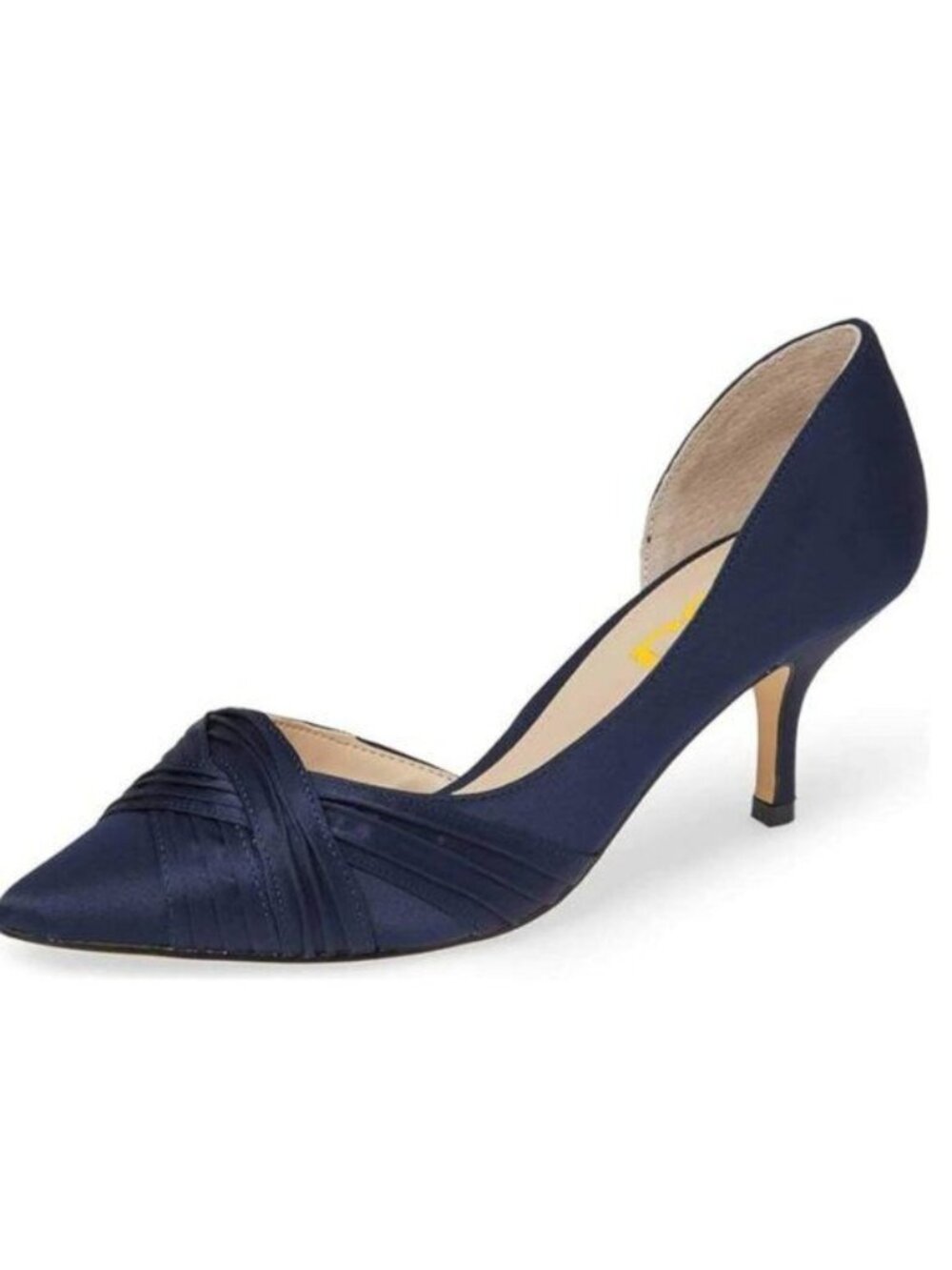 FSJ Women Low Kitten Heels Pointed Toe Slip on Pumps D'Orsay Pleated Blue Satin